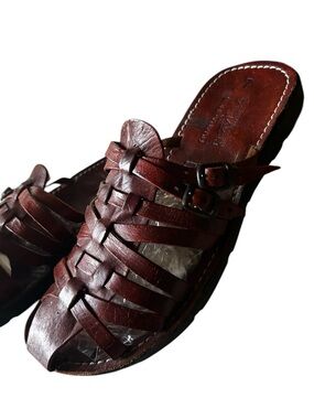 Woven Leather Jesus Slide Sandals in Deep Brown